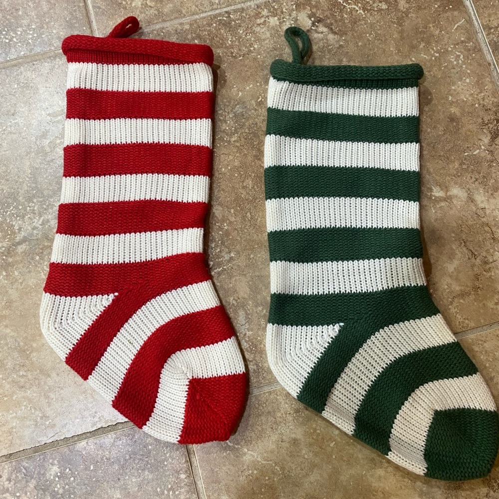 Christmas Stockings - set of 2 - red/white stripes & green/white stripes